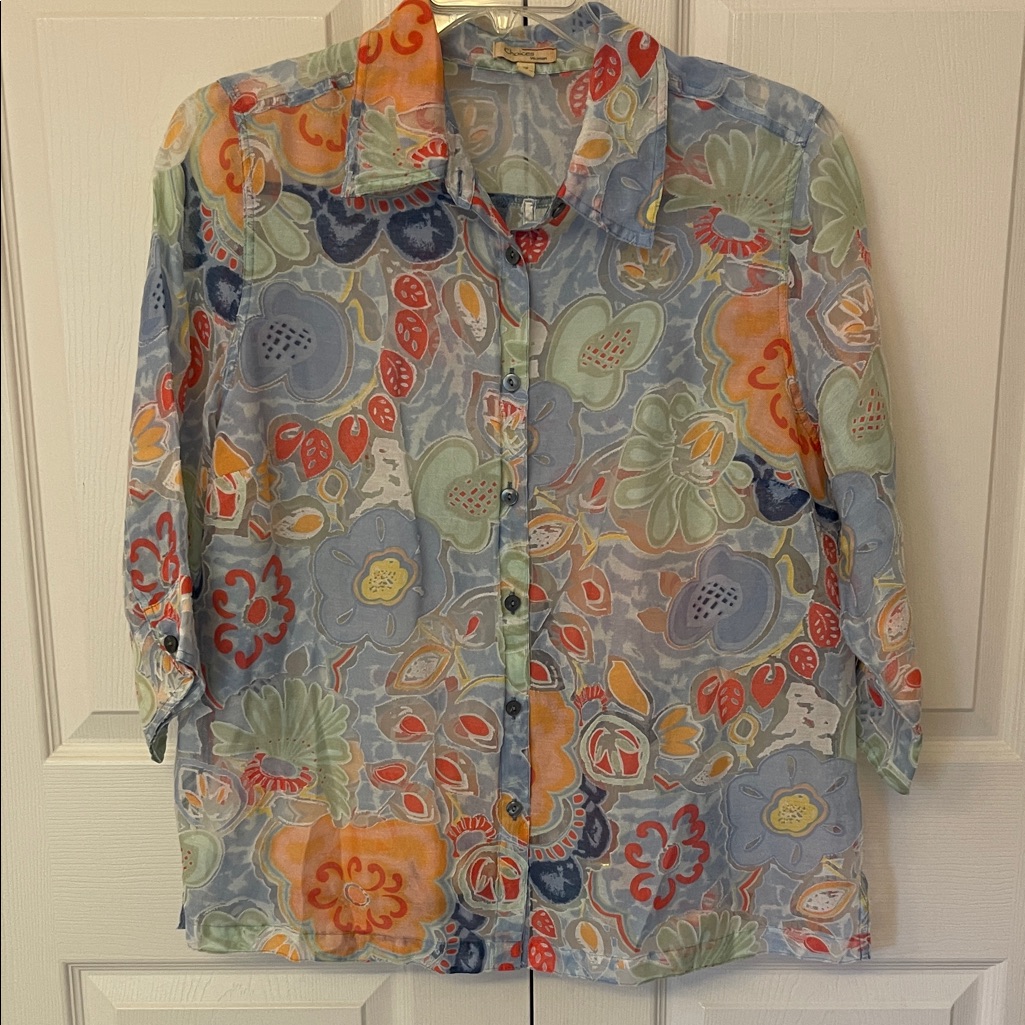 Choices Women’s Multicolor Sheer With Floral Design Button Down Shirt Size 1x